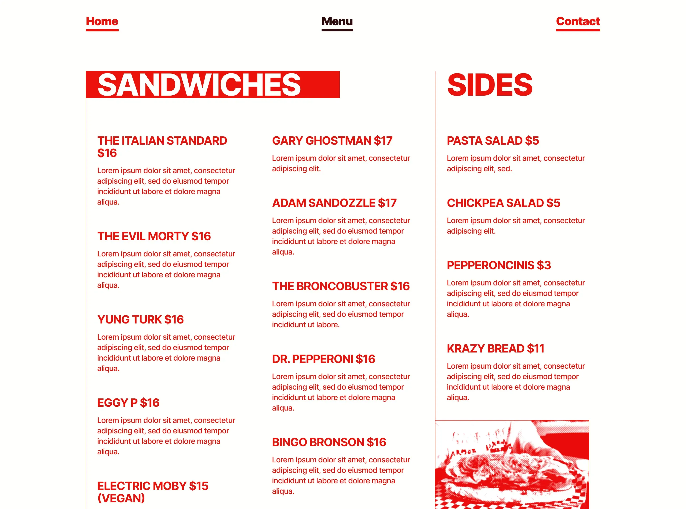 Menu of various sandwiches.