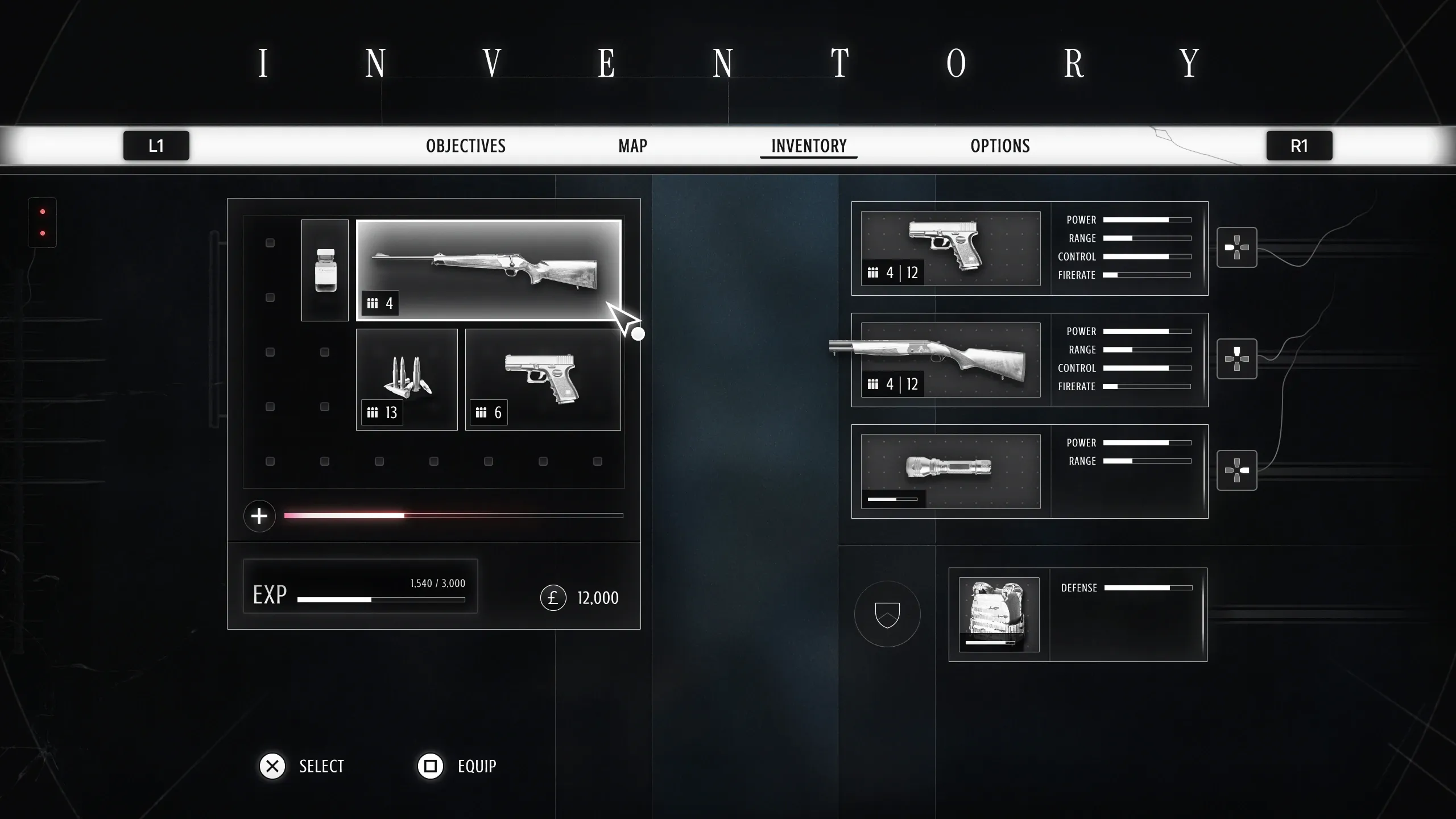 Inventory menu showing various items and guns.