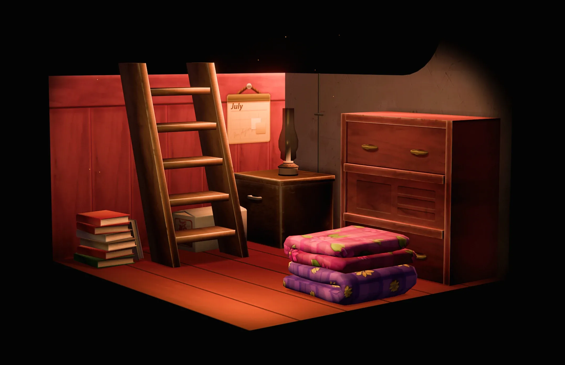 A 3D scene of a cozy wooden workstation.