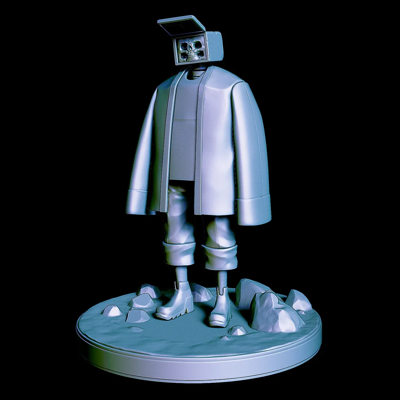 A 3D sculpt of a skeleton with a jacket.