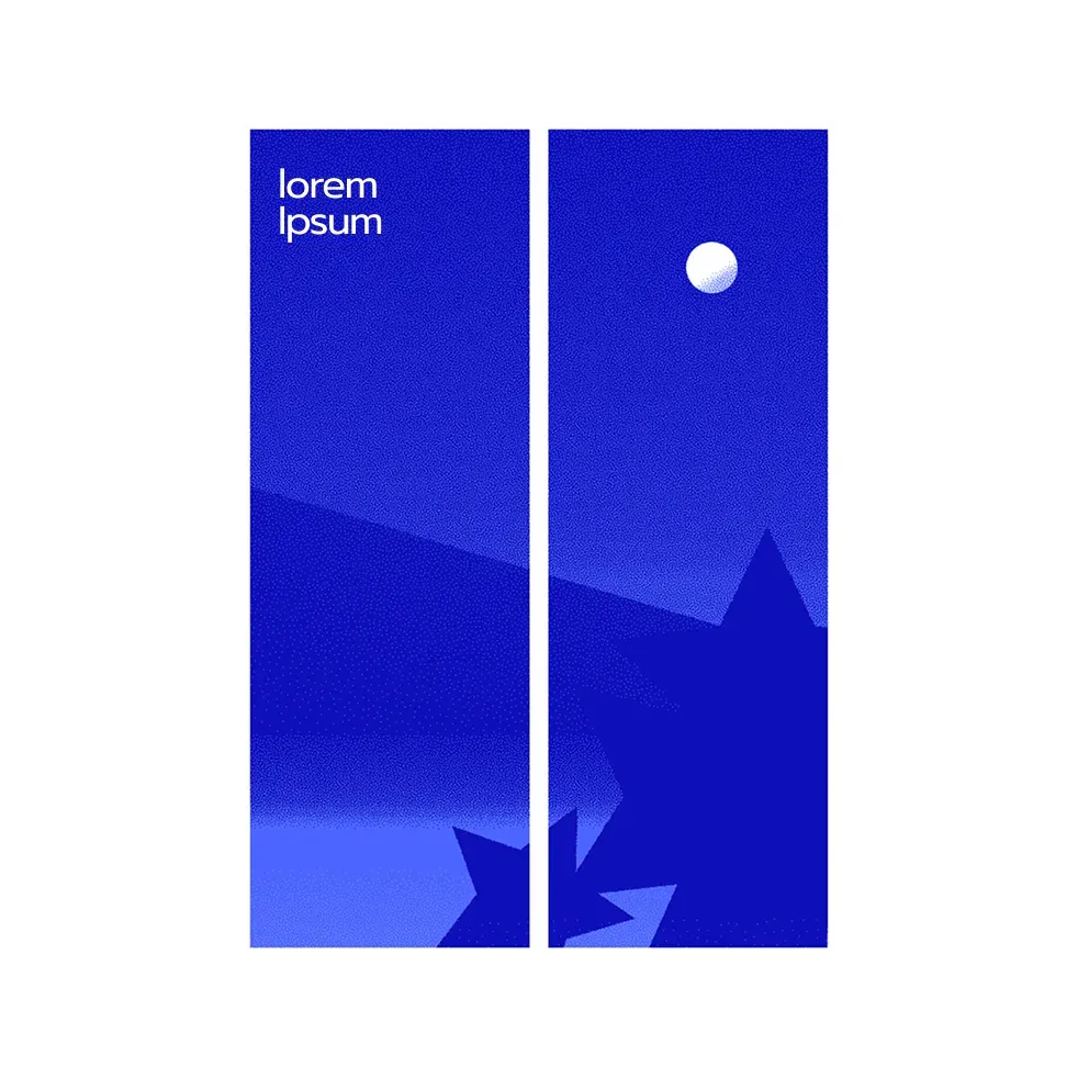 A stylized blue window showing a moon and a mountain with the text: ‘Lorem Ipsum’ above.