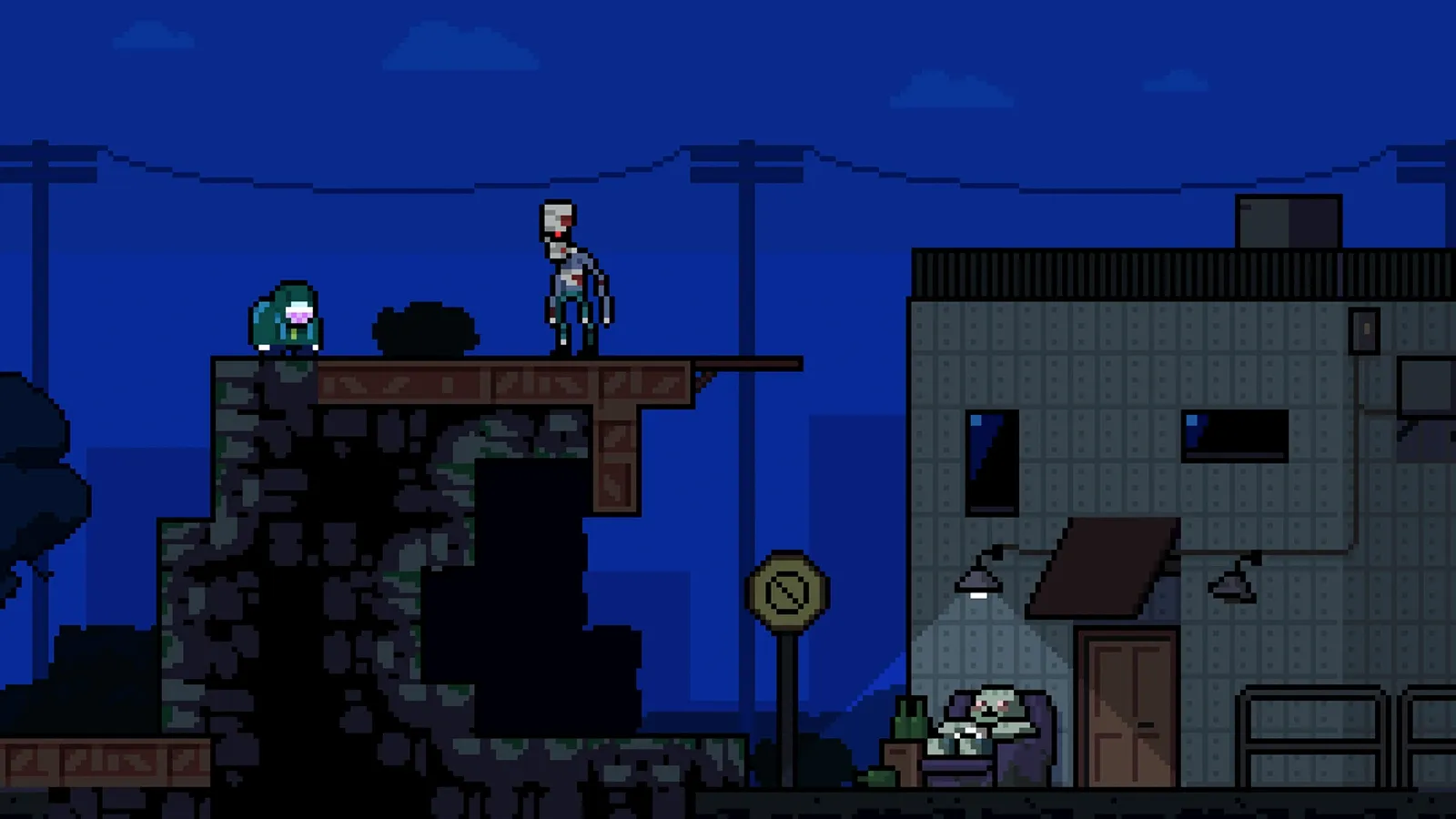 A pixel-art scene of a few strange guys against a blue sky.
